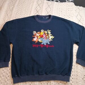Vtg Disney Store Adult M 100 Acre Wood Fleece Sweatshirt Pooh Tigger Embroidered